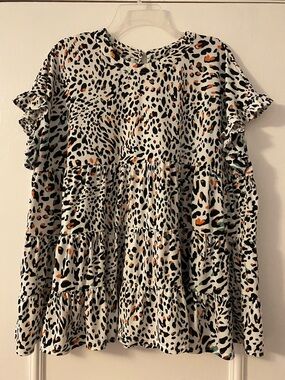 Versona White Leopard Print Blouse with Black, Orange, Green and Brown Accents